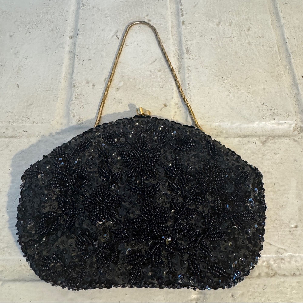Vintage Black Beaded Purse Crown Colony Beaded Purse - Picture 5 of 11